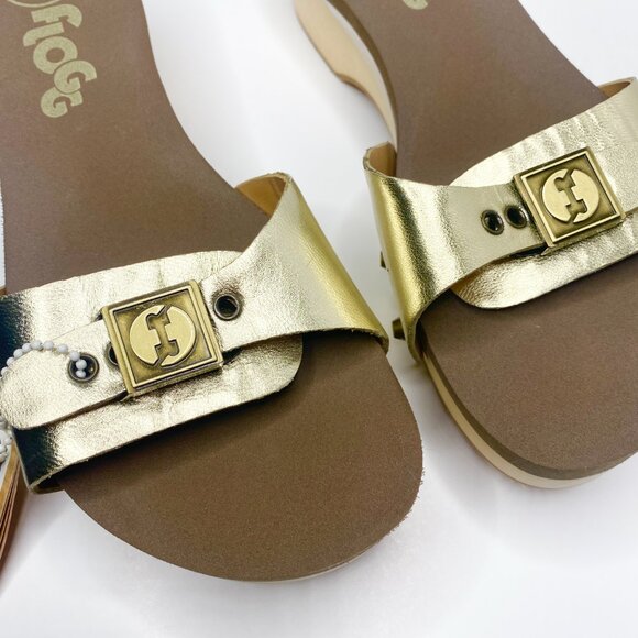 NWT Flogg Melanie Sandals Gold Leather Wooden Platform Retro Slides Y2K Size 7.5 - Picture 7 of 9
